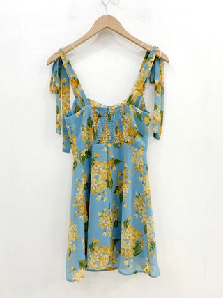 Floral chiffon mini dress / Vacation look sleeveless banded blue dress