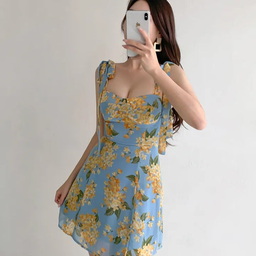 Floral chiffon mini dress / Vacation look sleeveless banded blue dress