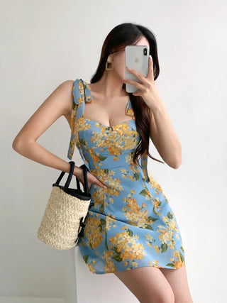 Floral chiffon mini dress / Vacation look sleeveless banded blue dress