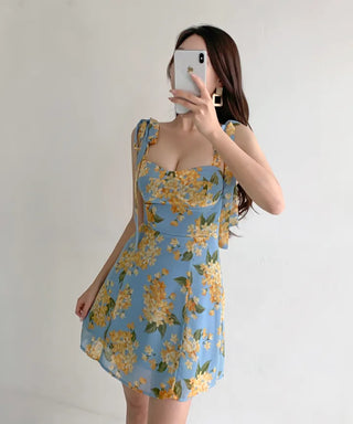 Floral chiffon mini dress / Vacation look sleeveless banded blue dress