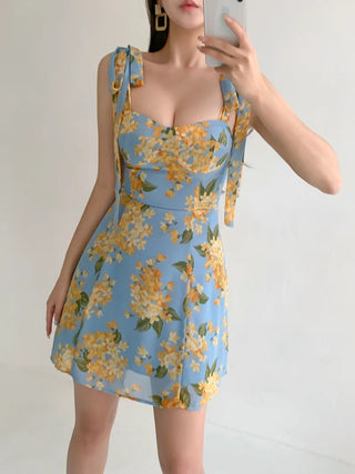 Floral chiffon mini dress / Vacation look sleeveless banded blue dress