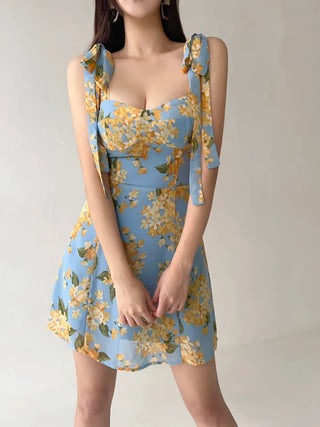 Floral chiffon mini dress / Vacation look sleeveless banded blue dress