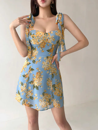 Floral chiffon mini dress / Vacation look sleeveless banded blue dress