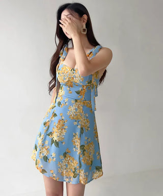 Floral chiffon mini dress / Vacation look sleeveless banded blue dress