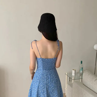 Mini slim strappy sleeveless flower pattern banding sky blue sky blue one-piece dress