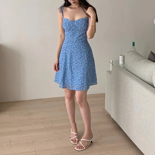 Mini slim strappy sleeveless flower pattern banding sky blue sky blue one-piece dress
