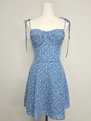Mini slim strappy sleeveless flower pattern banding sky blue sky blue one-piece dress