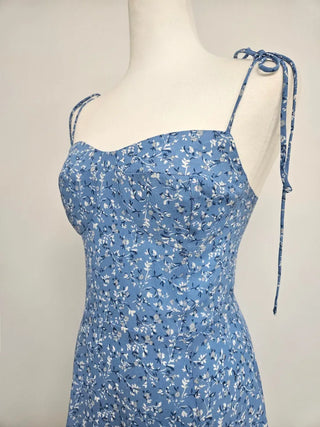 Mini slim strappy sleeveless flower pattern banding sky blue sky blue one-piece dress
