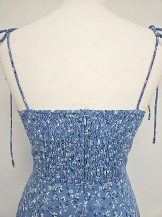 Mini slim strappy sleeveless flower pattern banding sky blue sky blue one-piece dress