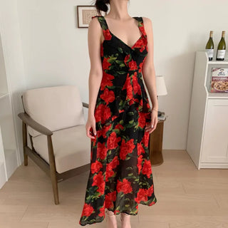 Rose Beach Dress Nashi Sleeveless Frill Flower Beach Long Red One-Piece