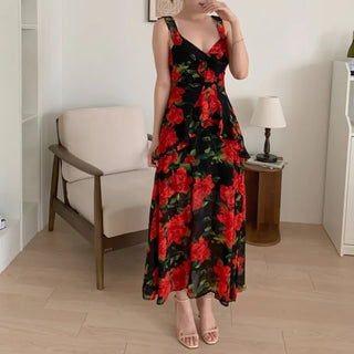 Rose Beach Dress Nashi Sleeveless Frill Flower Beach Long Red One-Piece