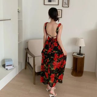 Rose Beach Dress Nashi Sleeveless Frill Flower Beach Long Red One-Piece