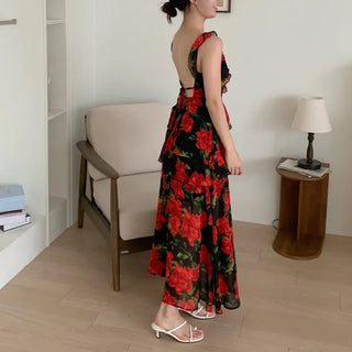 Rose Beach Dress Nashi Sleeveless Frill Flower Beach Long Red One-Piece