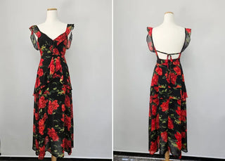 Rose Beach Dress Nashi Sleeveless Frill Flower Beach Long Red One-Piece