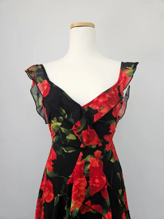 Rose Beach Dress Nashi Sleeveless Frill Flower Beach Long Red One-Piece