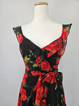 Rose Beach Dress Nashi Sleeveless Frill Flower Beach Long Red One-Piece