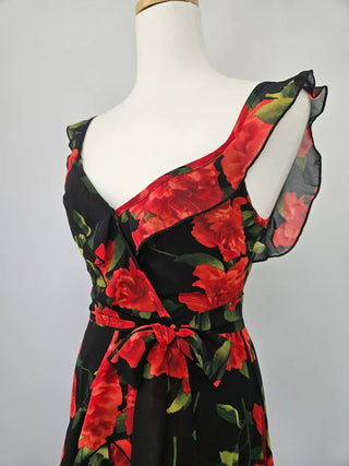 Rose Beach Dress Nashi Sleeveless Frill Flower Beach Long Red One-Piece