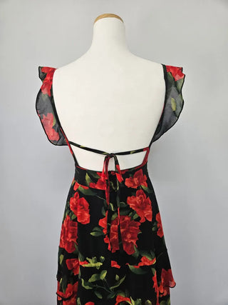 Rose Beach Dress Nashi Sleeveless Frill Flower Beach Long Red One-Piece