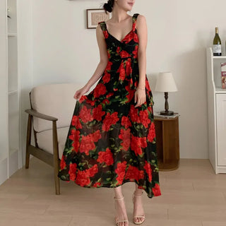 Rose Beach Dress Nashi Sleeveless Frill Flower Beach Long Red One-Piece
