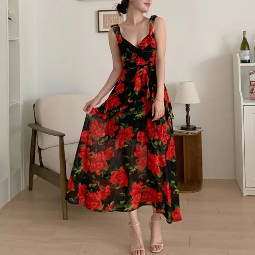 Rose Beach Dress Nashi Sleeveless Frill Flower Beach Long Red One-Piece