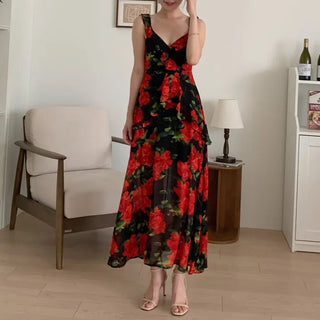 Rose Beach Dress Nashi Sleeveless Frill Flower Beach Long Red One-Piece