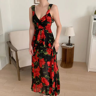 Rose Beach Dress Nashi Sleeveless Frill Flower Beach Long Red One-Piece