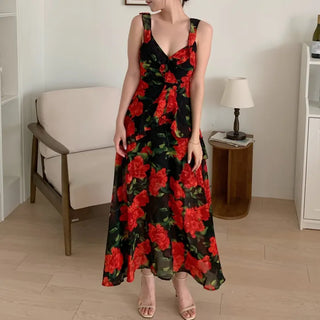 Rose Beach Dress Nashi Sleeveless Frill Flower Beach Long Red One-Piece