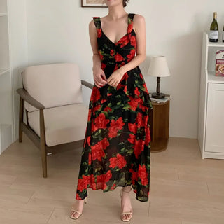Rose Beach Dress Nashi Sleeveless Frill Flower Beach Long Red One-Piece