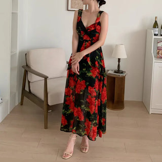 Rose Beach Dress Nashi Sleeveless Frill Flower Beach Long Red One-Piece