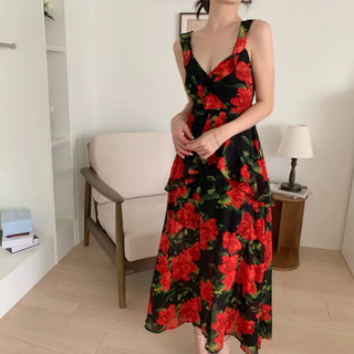 Rose Beach Dress Nashi Sleeveless Frill Flower Beach Long Red One-Piece