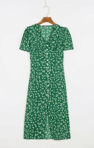 Short-sleeved resort long one-piece / V-neck team green floral flower