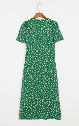 Short-sleeved resort long one-piece / V-neck team green floral flower