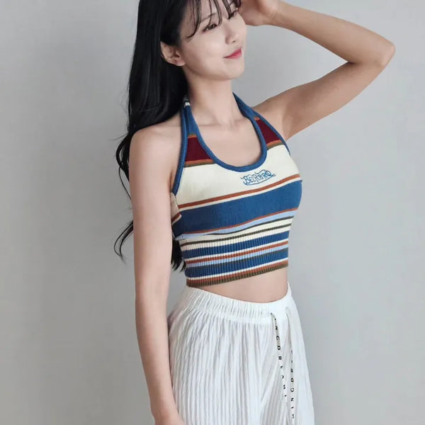 Khaki blue striped single-breasted knit sleeveless crop halter neck summer daily resort travel look top slim fit nasi city