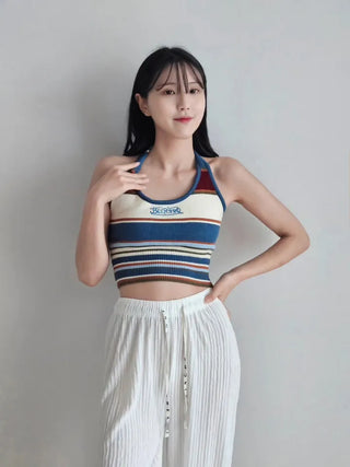 Khaki blue striped single-breasted knit sleeveless crop halter neck summer daily resort travel look top slim fit nasi city