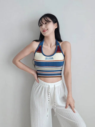 Khaki blue striped single-breasted knit sleeveless crop halter neck summer daily resort travel look top slim fit nasi city
