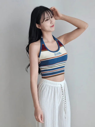 Khaki blue striped single-breasted knit sleeveless crop halter neck summer daily resort travel look top slim fit nasi city