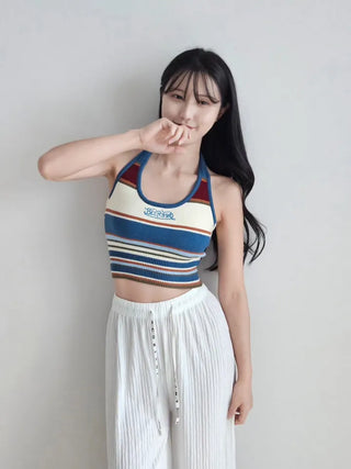 Khaki blue striped single-breasted knit sleeveless crop halter neck summer daily resort travel look top slim fit nasi city