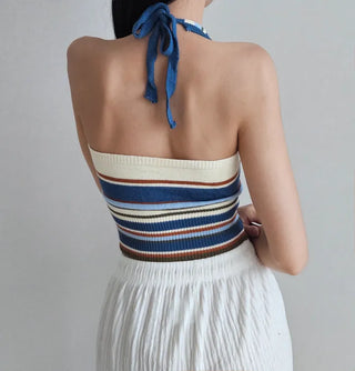 Khaki blue striped single-breasted knit sleeveless crop halter neck summer daily resort travel look top slim fit nasi city