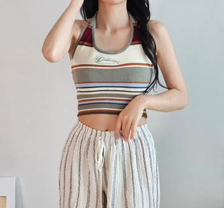 Khaki blue striped single-breasted knit sleeveless crop halter neck summer daily resort travel look top slim fit nasi city