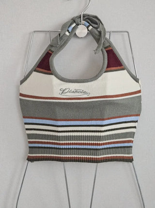 Khaki blue striped single-breasted knit sleeveless crop halter neck summer daily resort travel look top slim fit nasi city