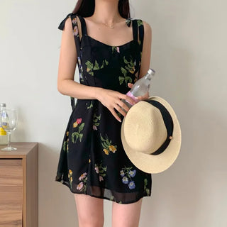 ribbon-string nasi slim banding sleeveless black chiffon one-piece dress