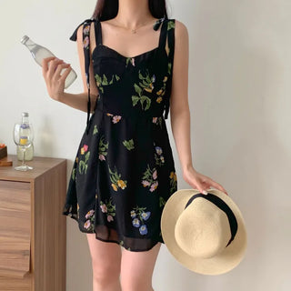 ribbon-string nasi slim banding sleeveless black chiffon one-piece dress