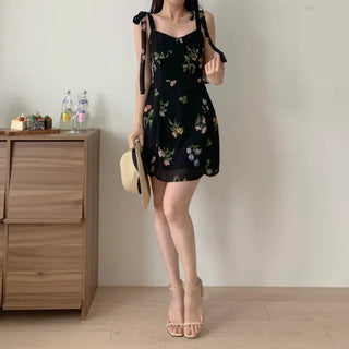 ribbon-string nasi slim banding sleeveless black chiffon one-piece dress
