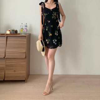 ribbon-string nasi slim banding sleeveless black chiffon one-piece dress
