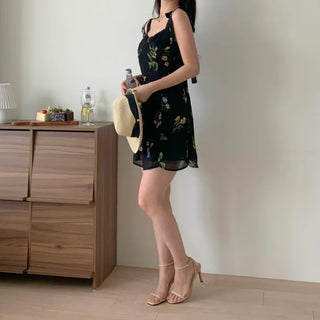 ribbon-string nasi slim banding sleeveless black chiffon one-piece dress