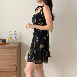 ribbon-string nasi slim banding sleeveless black chiffon one-piece dress