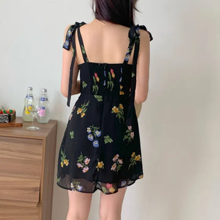 ribbon-string nasi slim banding sleeveless black chiffon one-piece dress
