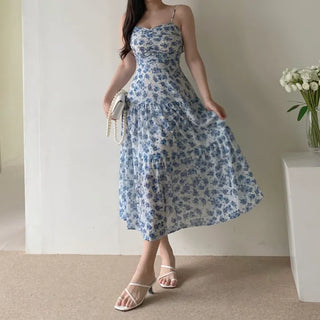 Sleeveless Strappy Floral Long Chiffon One-Piece / Beach Dress