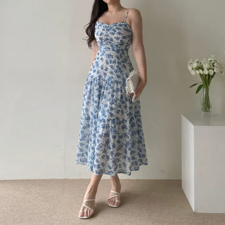 Sleeveless Strappy Floral Long Chiffon One-Piece / Beach Dress