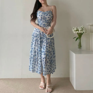 Sleeveless Strappy Floral Long Chiffon One-Piece / Beach Dress